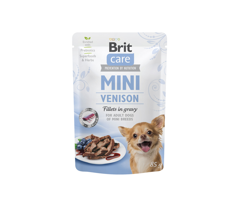 Brit-Care-Mini-kons.-sunims-maiseliuose-Venison-fillets-in-gravy-85g