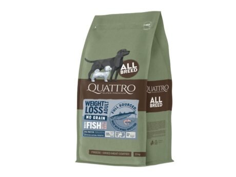 QUATTRO begrūdis visų veislių suaugusių šunų pašaras WEIGHT LOSS su balta žuvimi ir kriliumi 12 kg