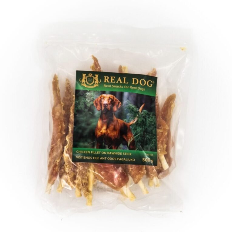 Real Dog Skanėstas Vištienos file ant odos pagaliukų (plunksnos) 500g